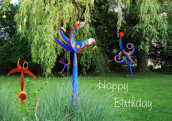 F 291 Geburtstagskarte, verwunschener Garten mit farbigen, fantasievollen Skulpturen