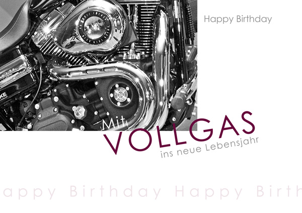 Motorrad in schwarz/weiss mit Text "Vollgas ins neue Lebensjahr" und "Happy Birthday"